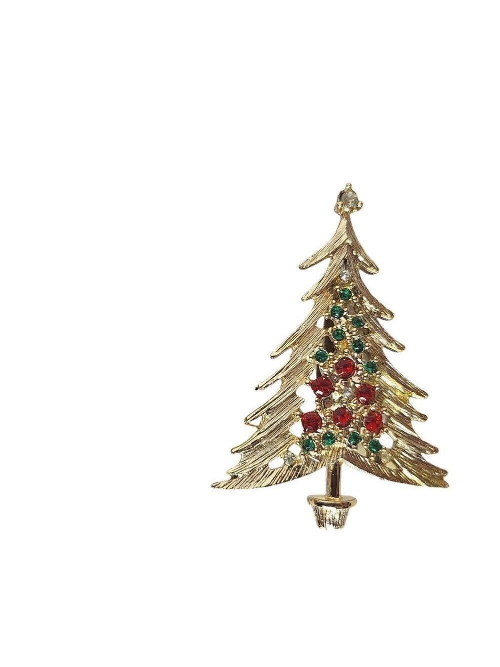 BJ Beatrix Christmas Tree Brooch Pin Gold Tone Rhinestone Vintage